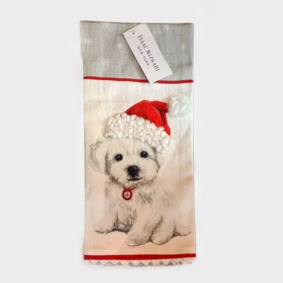 Isaac Mizrahi Kitchen Towel ~ Christmas Maltese Wearing a Santa Hat - Picture 1 of 5